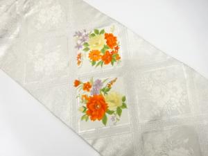 斜め格子に花模様　刺繍　名古屋帯
